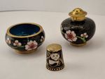 Cloisonne and Brass Pepper Shaker/Salt Cellar Set & Thimble