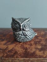 Vintage Pewter Tawny Owl Shaped Mustard Condiment Pot Heavy Stamped Figure Lid