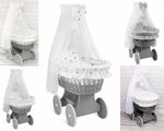 Wicker Wheels Moses Basket Baby Full Bedding Set Canopy Drape Bow Hearts Grey
