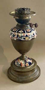 Antique 19thC. Imari Palette Ceramic & Brass Oil Lamp with Double Burner c1890
