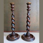 Pair of Tall Antique English Oak Barley Twist Candlesticks ~ Brass Tops ~ 39 cm