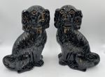 Pair Antique Jackfield Black and Gilt Staffordshire King Charles Spaniels. L3
