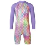 Kids Girls Rainbow Swimsuit One Piece Raglan Long Sleeves with Swimming Hat