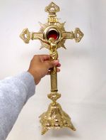 Ornate High Polished Brass Crossed Reliquary with Corpus and INRI 16 Inches Tall
