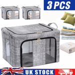 3PCS 66L Folding Storage Box Thick Fabric Steel Frame Wardrobe Organizer Holder