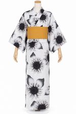 New Japanese Yukata Sunflower Print White Gray Obi Set Women’s Kimono Japan