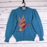 Escada Vintage Knit Wool Jumper Womens S Blue Bird Embroidered Sweater