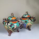 Pair Vintage Japanese Satsuma Style Moriage Censers Incense Burners Foo Dog Lids