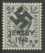 JERSEY 1940 KG6  4d with OCCUPATION OVERPRINT - Reproduction on a genuine stamp