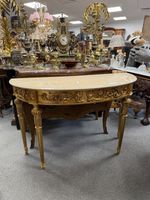 Louis XVI Gilt Marble Console Table with Fluted Legs & Carved Frieze Demi Lune