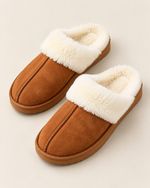 Womens Chestnut Suede Faux Fur Lined Slippers Cozy Slip On Mule House Shoes