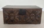 Impressive Late 17th Century Oak Bible Box with Carved Rose Panels & Iron Lock