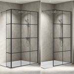 Black Grid Walk In Shower Screen Tempered Glass Wet Room Flipper Panel Enclosure