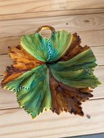Vintage Majolica Style Leaf Dish 🍃 Green & Brown Ceramic Serving Bowl Rustic De