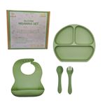 4pc BABY FEEDING SET - SILICONE SUCTION  PLATE BOWL WEANING SET - OLIVE GREEN