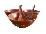 Vintage Chinese Yang Cheng Hand Painted Orange & Multicolour Rice Bowls & Spoons