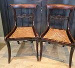 Pair Vintage Regency Style Mahogany Cane Seat Dining Chairs Carved Backs