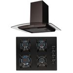 SIA 60cm Black 4 Burner Gas On Glass Hob And Curved Glass Cooker Hood Extractor