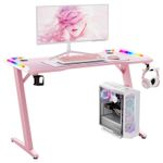 Pink Gaming Desk LED RGB Computer Table Workstation w/ Cup Holder Headphone Hook