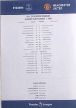 Everton V Manchester United Official Team Sheet 6/9/26