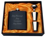 Personalised Engraved 6oz black Hip Flask gift set Birthday 18th 21st 50th Gift