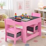 Wooden Kids Table & 2 Chair Set with Storage Bins Hidden Storage Organizer Pink