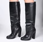 ON TREND KNEE BOOT BLACK  FAUX LEATHER UPPER 9cm BLOCK HEEL PULL ON BOOT