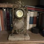 Antique French Gothic Tower  Style Gilt Brass Boudoir Mantel Clock c1885