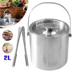 2L Ice Bucket + Tongs & Lid Insulated Double Walled Stainless Steel Ice Cooler