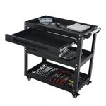 3-Tier Workshop Tool Trolley Cart with Drawer, Steel Garage Storage Cart, Black