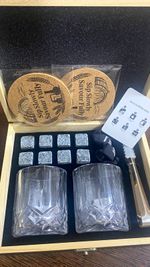 EXREIZST Whisky Stones Gift Set with Wooden Box & 2 Clear Embossed Glasses