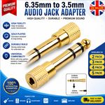 2x Small to Big Headphone Adapter Converter Plug 3.5mm to 6.35mm Jack Audio Gold