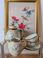 Antique Japanese Eggshell Porcelain Teapot Cup and Saucers  Birds Blossom Design