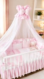 Crown Chiffon Canopy for Baby Cot Bed, Drape Net with Decorative Lace Bow
