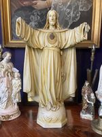 Antique Early 20th Century Plaster Statue Jesus Sacred Heart Polychrome Signed
