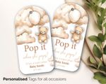 Baby Shower Gift Tags Personalised, Baby Blue Pop it Swing boho bear tag 209 SMA