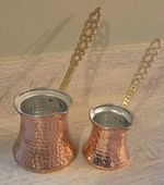 Set of 2 Hammered Copper Turkish Coffee Pots (Cezve/Ibrik) — Tin-Lined, Brass Ha