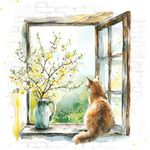 4 x Paper Napkins/33cm/3Ply/Decoupage/Window/View/Cat on window sill/Flowers