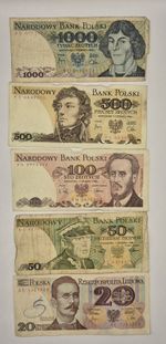 Poland banknotes   20 50 100 500 1000  zlotych 1982 1988