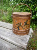C19th Hand Painted Folk Art Wooden Firkin Bucket Goldfinches Shaker? Swedish?