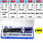 170PCS Threaded Nut Riveter Gun M3-M8 Insert Tool Riveter Rivnut Nutsert Kit Set