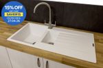 Reginox Harlem15 Kitchen Sink 1.5 Bowl Sink Pure White Granite Reversible Waste