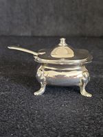 Silver-Plated Pot Glass Inlay And Spoon. Silver plate condiment pot #2287