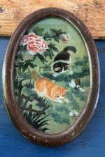 Antique Reverse Painted On GLASS Chinese Painting TWO Cats Framed