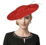 HIMESPORT Red Large Royal Sinamay Fascinators Hats With Bow Feather New