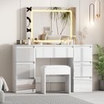 White Dressing Table High Gloss Vanity Makeup Desk 7 Drawers& Stool& LED Mirror