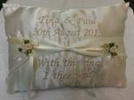  Personalised ring cushion pillow ~ ribbon style  wedding names bride groom gift