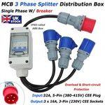 MCB 3 PHASE SPLITTER DISTRIBUTION BOX - 32A 5 Pin to 3x 16A 3 Pin CEE BREAKER