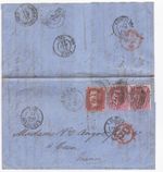 1858 QV 1d RED + PAIR 4d ROSE STAMPS ON COAL LETTER SUNDERLAND SIDEWAYS DUPLEX