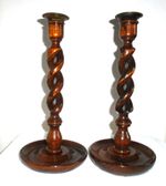 Pair of 12" Antique Solid Oak Open Twist Candlesticks with Brass Tops